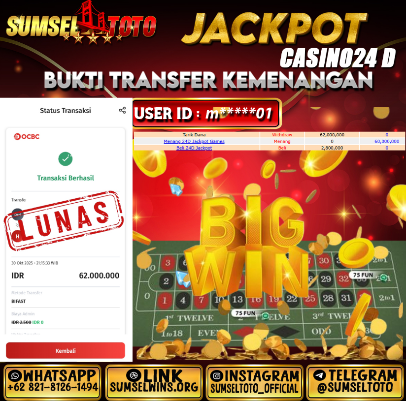 SUMSELTOTO JACKPOT CASINO 24D Rp.62.000.000,- LUNAS